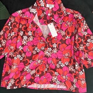Frankie's Bikinis Pink and Red Floral Button Down Shirt